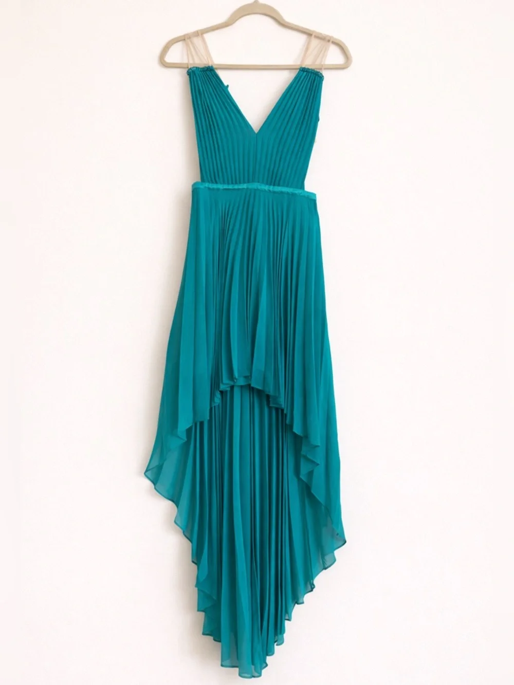 Bebe Teal Pleated High-Low Dress w/ Mesh Side Panels – Size 2
